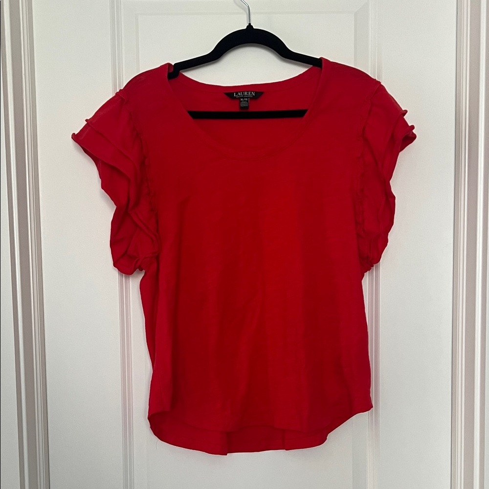 Lauren Ralph Lauren Haslett Ruffle Short Sleeve Tee in Red